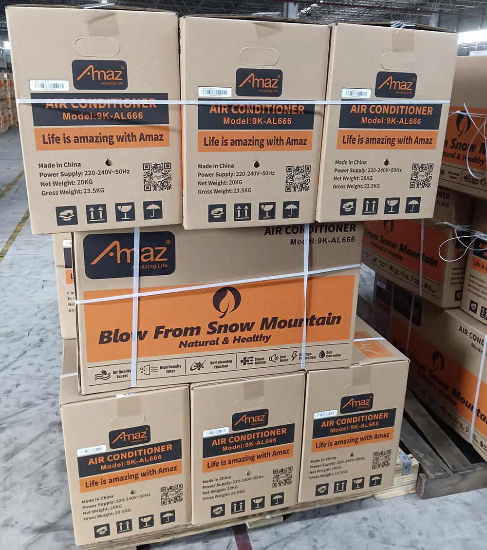 Supplied AMAZ air-conditioner cartons showing model markings and packing straps