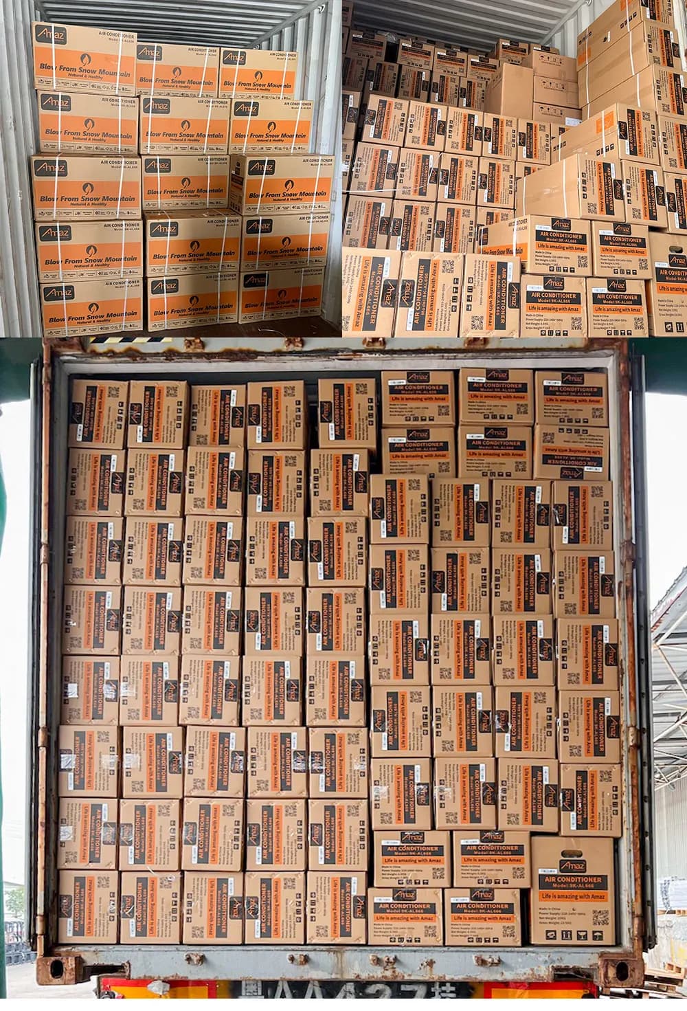 Supplied AMAZ air-conditioner cartons loaded inside shipping containers