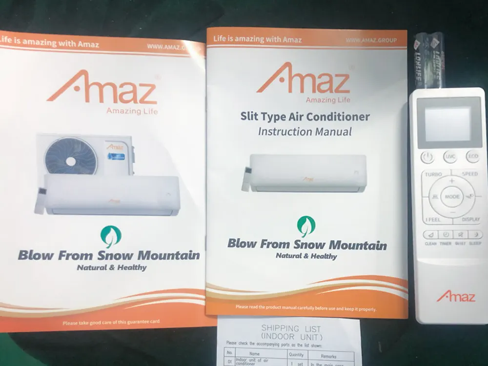 Supplied air-conditioner manual, remote control and included-document inspection photo
