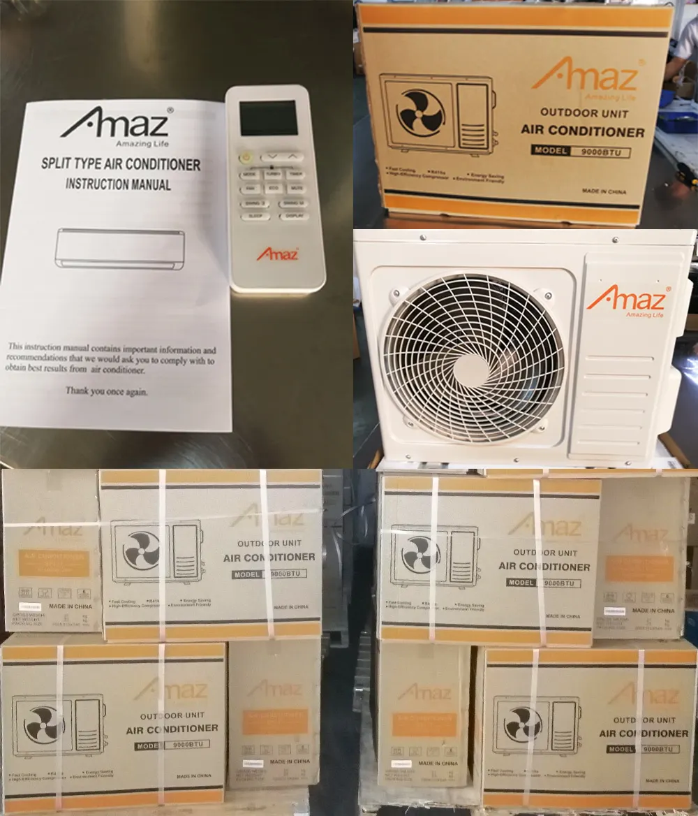 Supplied inspection collage showing an air-conditioner outdoor unit, remote, manual and cartons