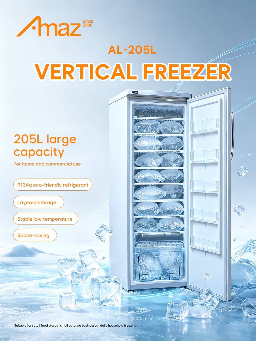 Supplier-provided AL-205L vertical freezer promotional overview artwork