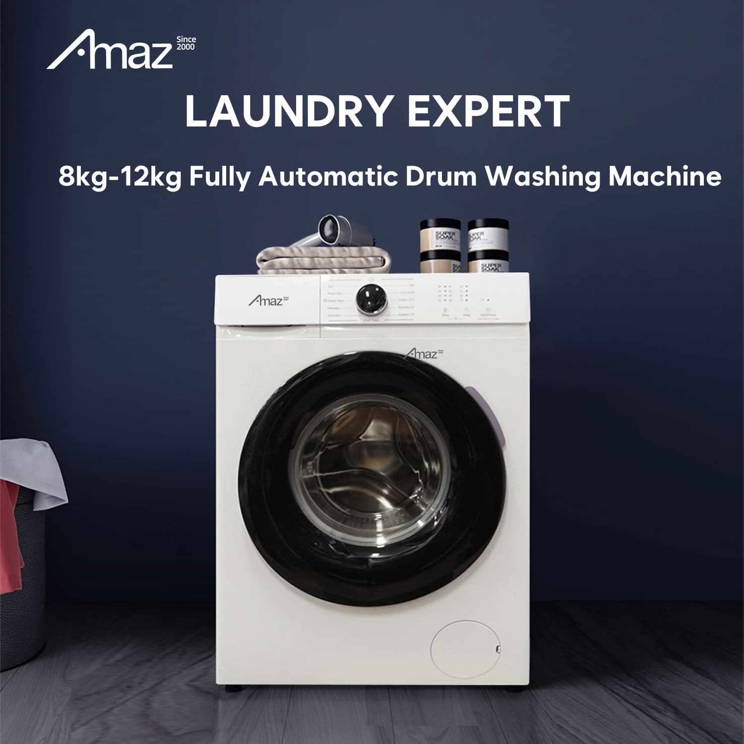 AMAZ front-load washing machine, 8–12 kg laundry expert detail poster