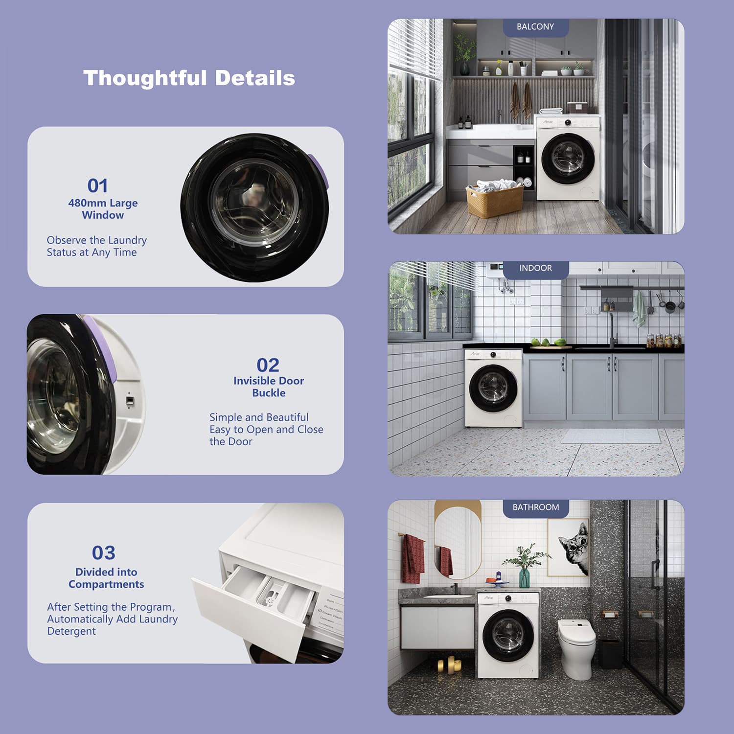 Front-load washer product details and laundry-room applications poster