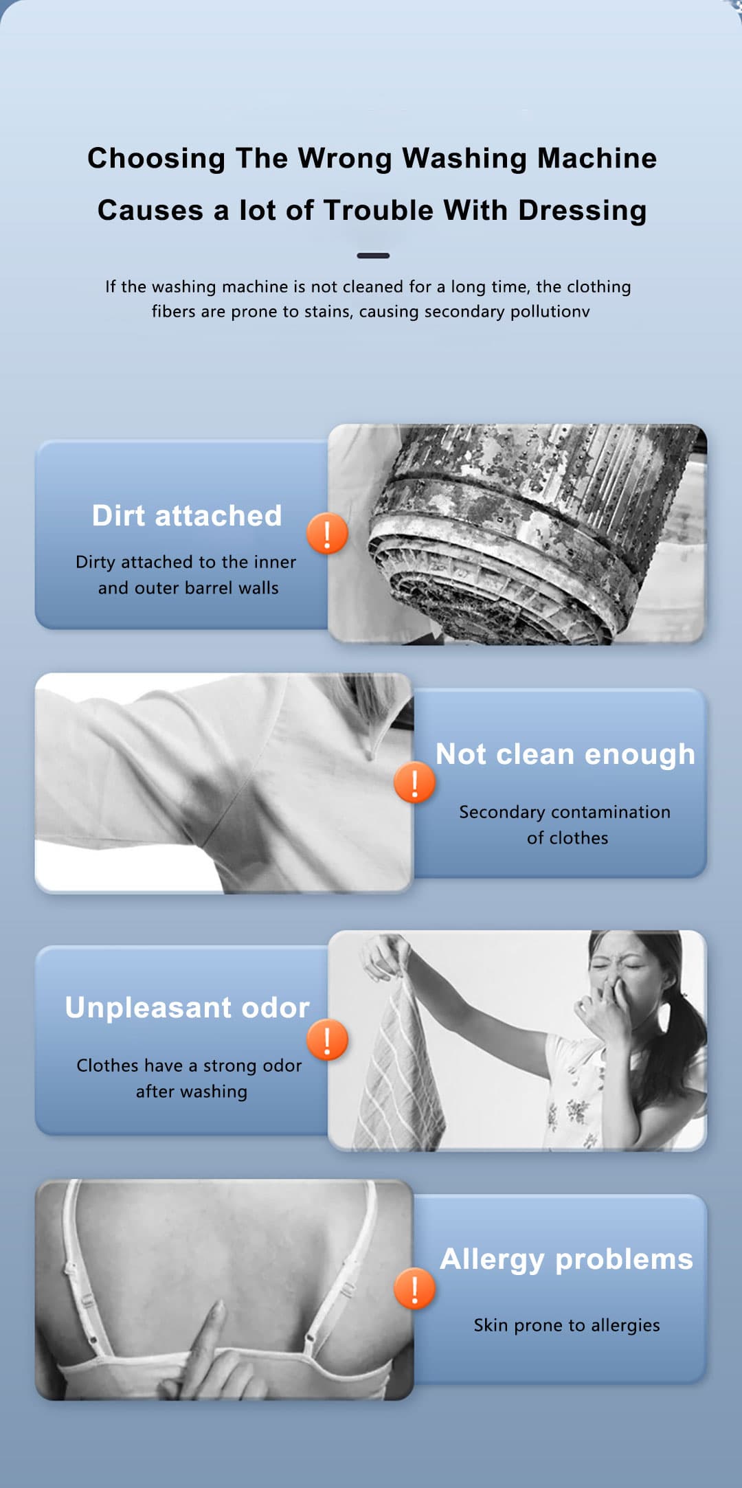 Top-load washer artwork about residue, insufficient cleaning and odour concerns