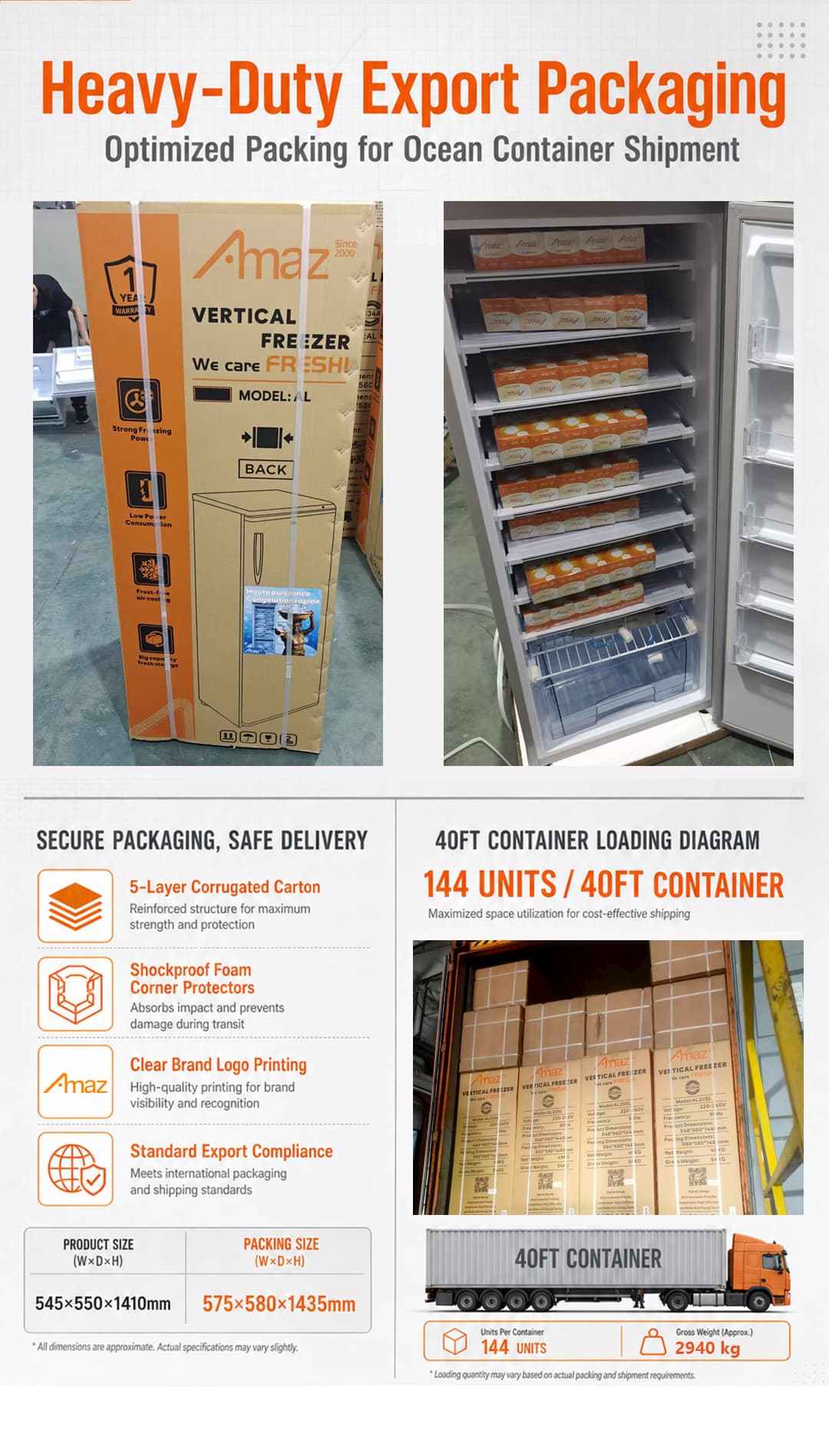 Supplier-provided upright freezer export packaging and container-loading artwork