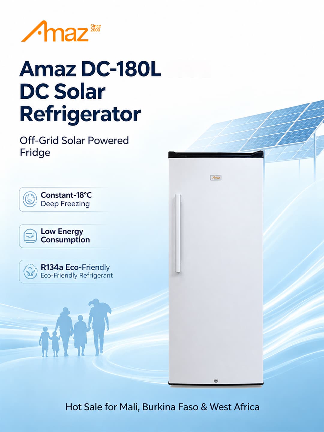Supplied 180 litre DC solar refrigerator overview artwork