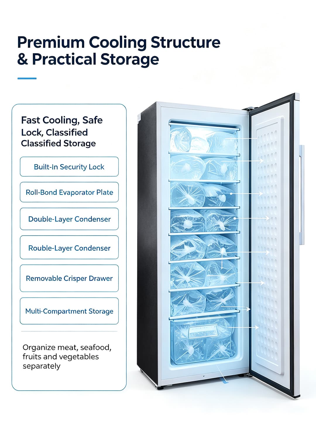 Supplied upright freezer storage and construction feature artwork