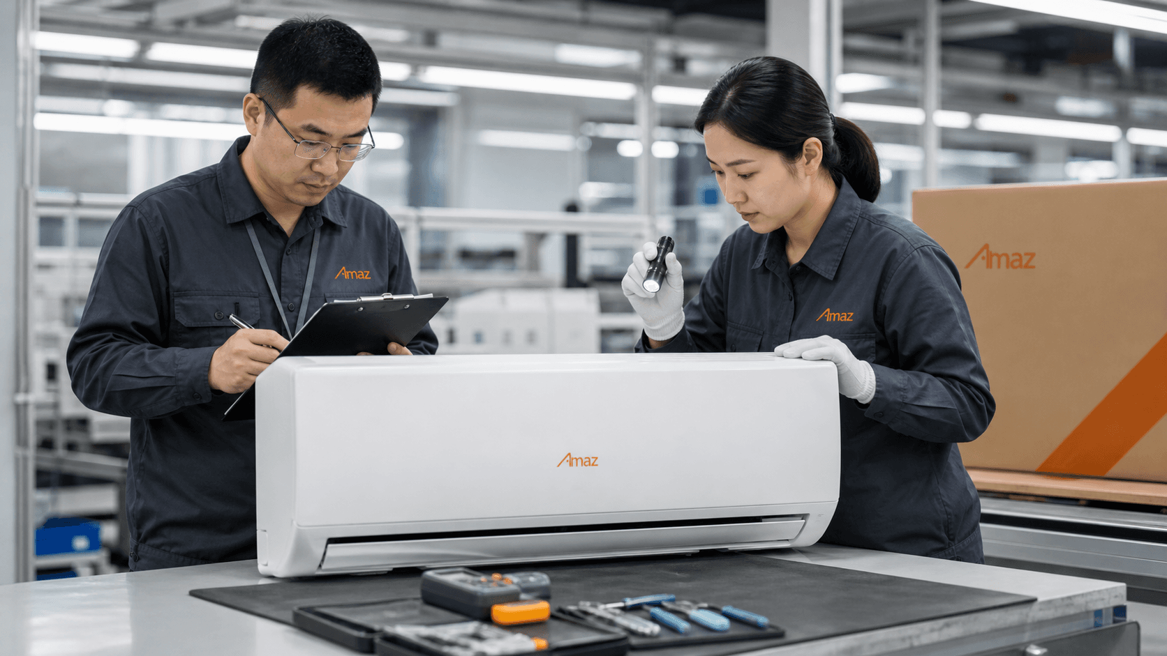 AMAZ technicians inspecting a wall-mounted air conditioner